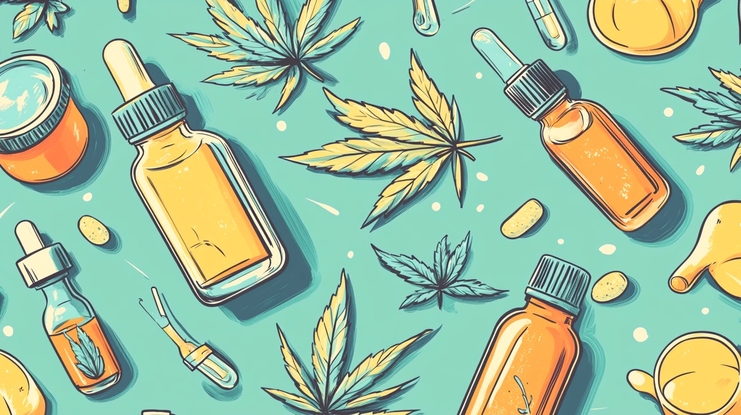 Illustrated CBD products including oil droppers, capsules, and hemp leaves on a turquoise background