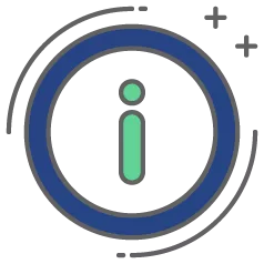 green in "i" in a dark blue circle representing information