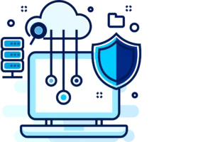 A computer screen with a shield, a cloud and a magnifying glass that shows BigCommerce payment gateway options.