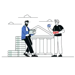 Two merchants evaluate the differences between a merchant account and Stripe outside a bank.