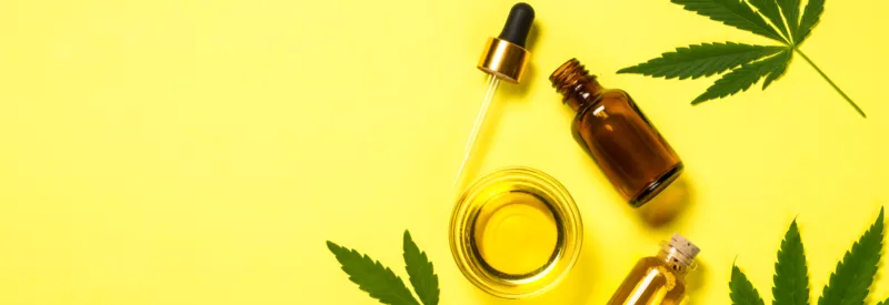 hemp leaves and CBD oil sold on BigCommerce against a yellow background