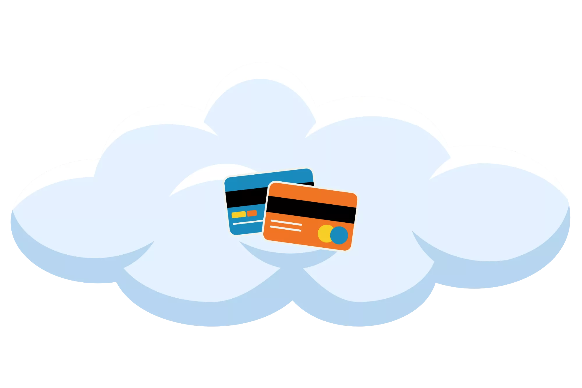 A blue cloud with credit cards on it that will process on a bigcommerce payment gateway.