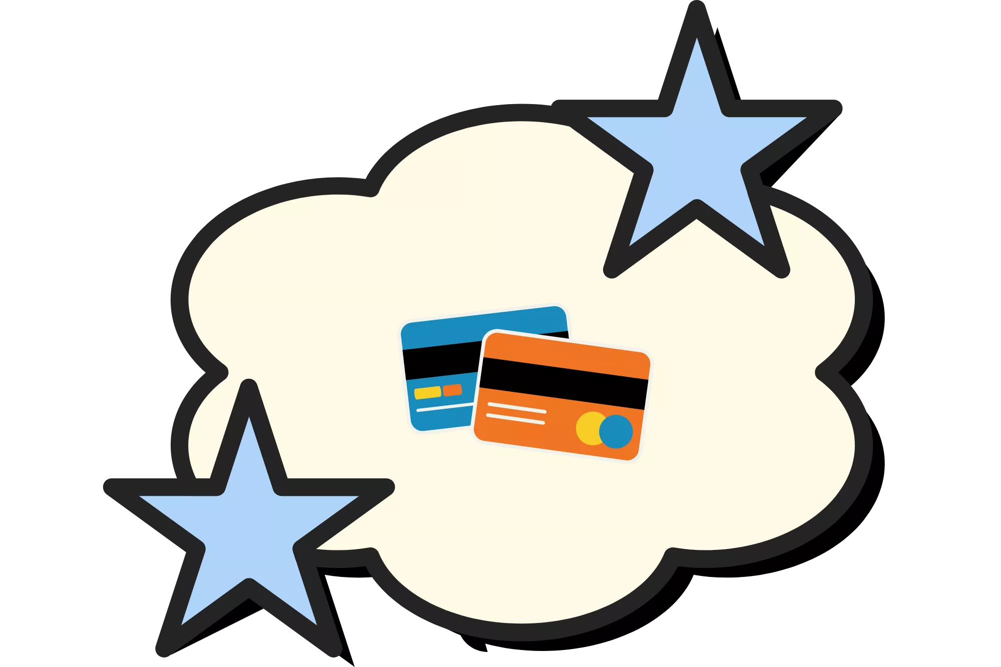 Two blue stars and cloud with credit cards as a percentage of the sale goes to a merchant account hold.