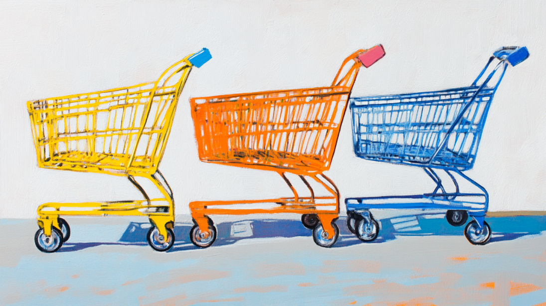 three shopping carts against a blank background as a merchant debates merchant account vs stripe