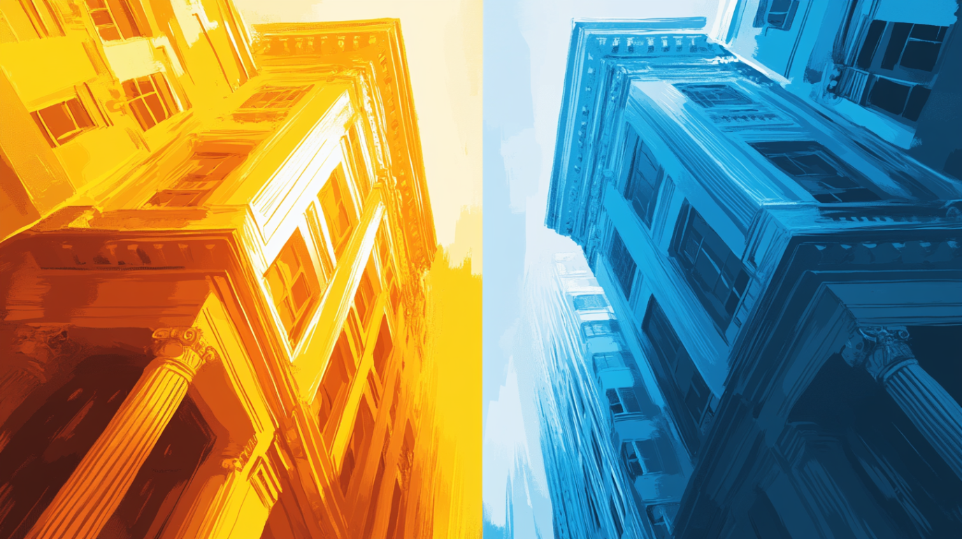 A stylized digital painting of two classical-style buildings, one in warm yellow tones and the other in cool blue tones, symbolizing a comparison or contrast in financial institutions.