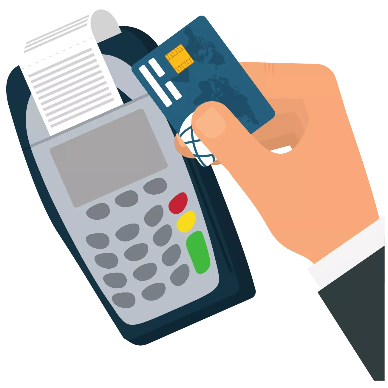 A customer's hand swiping credit card on a terminal after finding out what payment processor vs merchant account means by an informed business owner.
