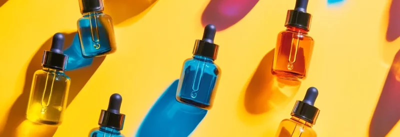 A flat lay of colorful glass dropper bottles in blue, yellow, and amber hues casting bold shadows on a vibrant yellow background, symbolizing CBD oil products.