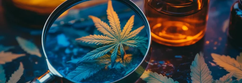 A magnifying glass focuses on a cannabis leaf, highlighting its intricate details, with amber glass bottles in the background, creating a moody, scientific atmosphere.