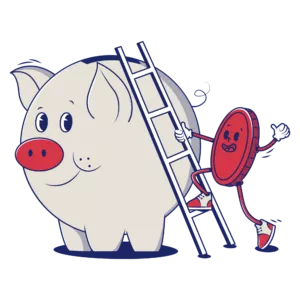 a red coin using a ladder to climb a piggy bank
