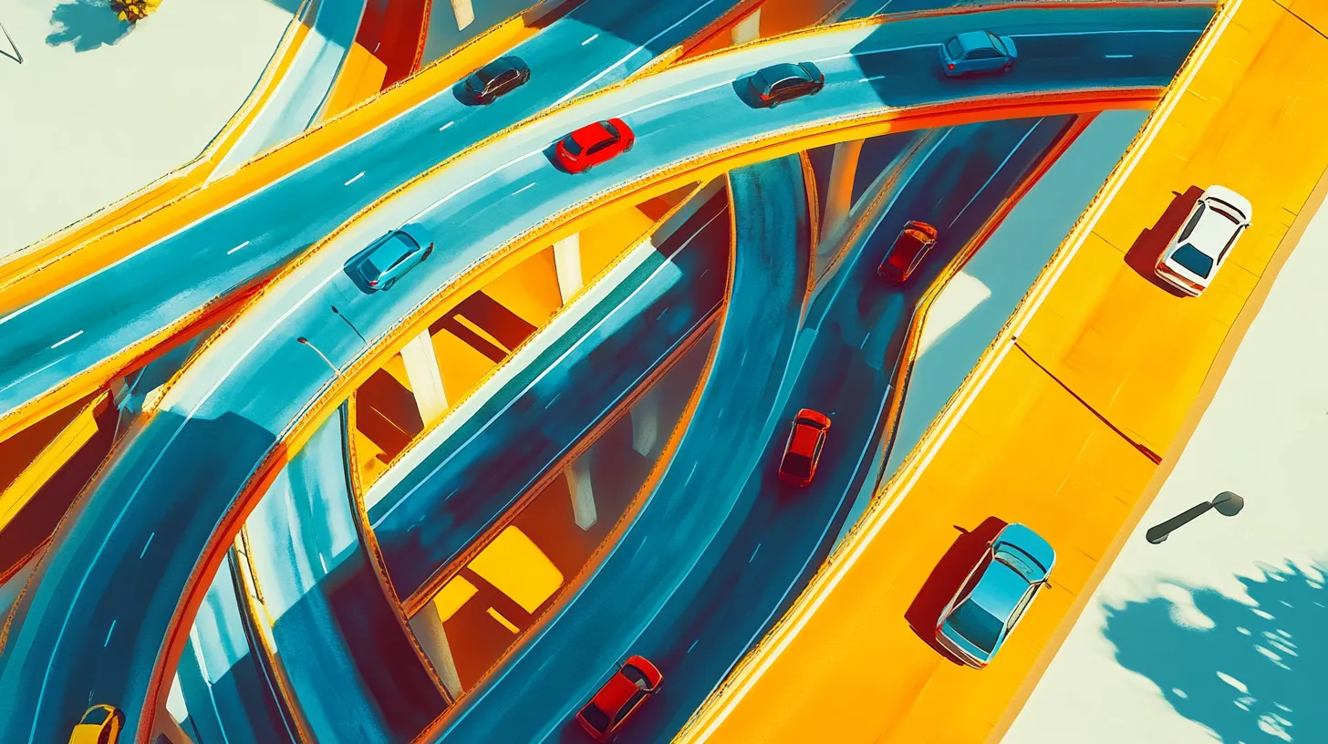 A colorful aerial view of a multi-layered highway interchange with cars in motion, illustrating the concept of efficient and dynamic payment routing.