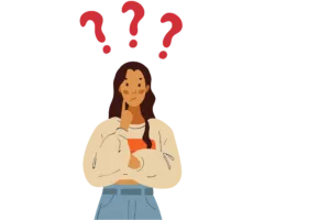 A confused woman with red question marks above her head as she asks what's the difference between a merchant account and a business bank account?