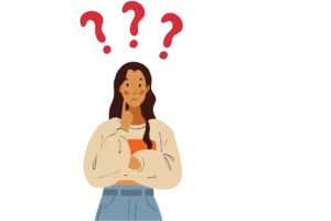 A confused woman with red question marks above her head as she asks what's the difference between a merchant account and a business bank account?