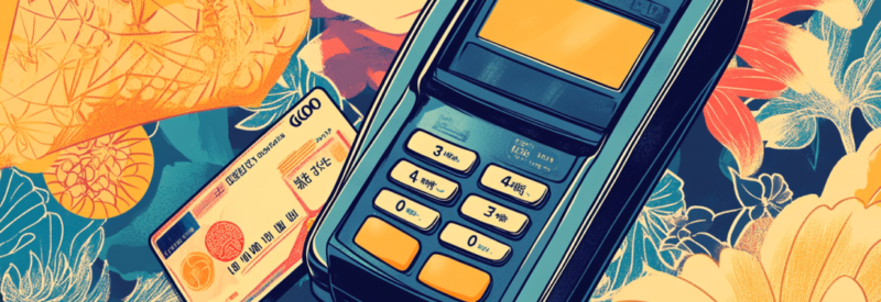 credit card terminal and credit card in traditional japanese art style