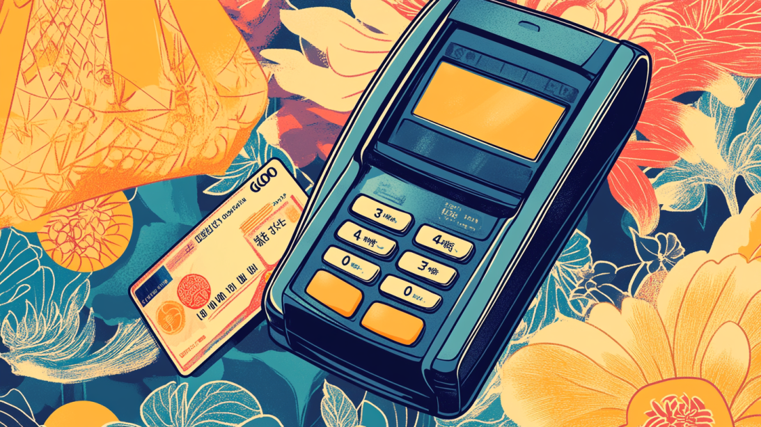 credit card terminal and credit card in traditional japanese art style