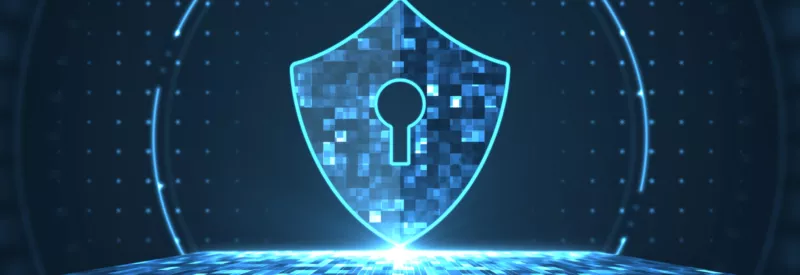A shield with a keyhole in it to represent secure websites via transport layer security.