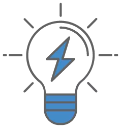 A blue lightbulb with a blue lightning bolt inside of it.