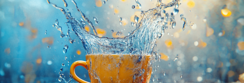 A yellow coffee cup overflows with a dramatic splash of water, symbolizing excess or a limit being reached.