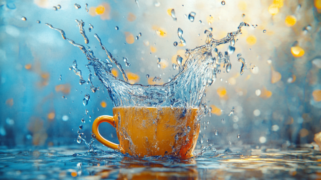 A yellow coffee cup overflows with a dramatic splash of water, symbolizing excess or a limit being reached.