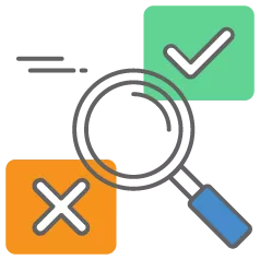 Magnifying glass searching between right and wrong. 