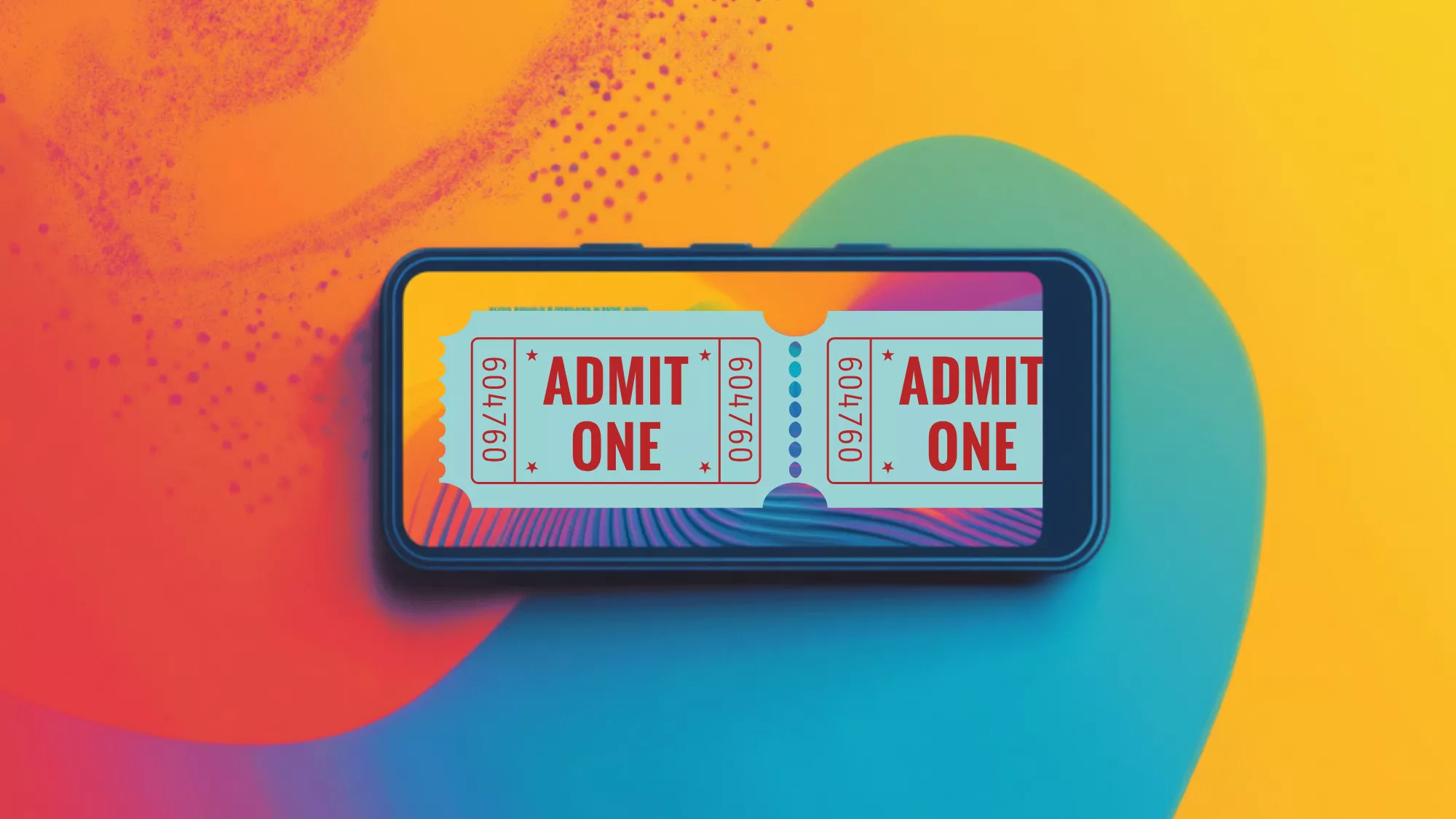 A smartphone displays two digital admission tickets on its screen, symbolizing the concept of selling digital products online.