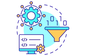 A gear, funnel, and computer showing how the integrated payment system process works