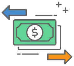 Dollar bill with blue and orange arrows going opposite directions. 