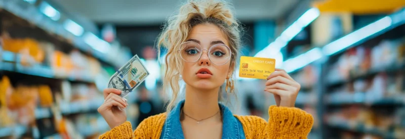 A young woman with curly blonde hair, wearing glasses, a denim jacket, and a mustard-yellow sweater, stands in a brightly lit store aisle. She holds a dollar bill in one hand and a credit card in the other, looking uncertain.