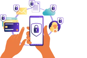 A hand holding a smartphone with several security shields floating around showcasing the different payment gateway types