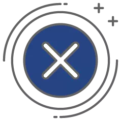 White x mark in a dark blue circle. 