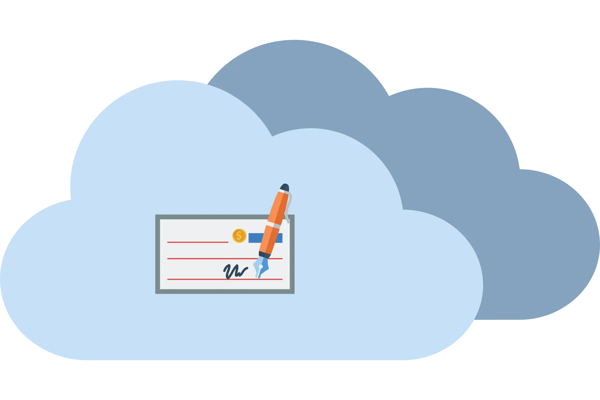 A cloud with a check in it to represent an ACH chargeback.
