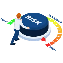 A man pushing a risk button, surrounded by low, moderate, and high levels, after receiving a high-risk MCC code.