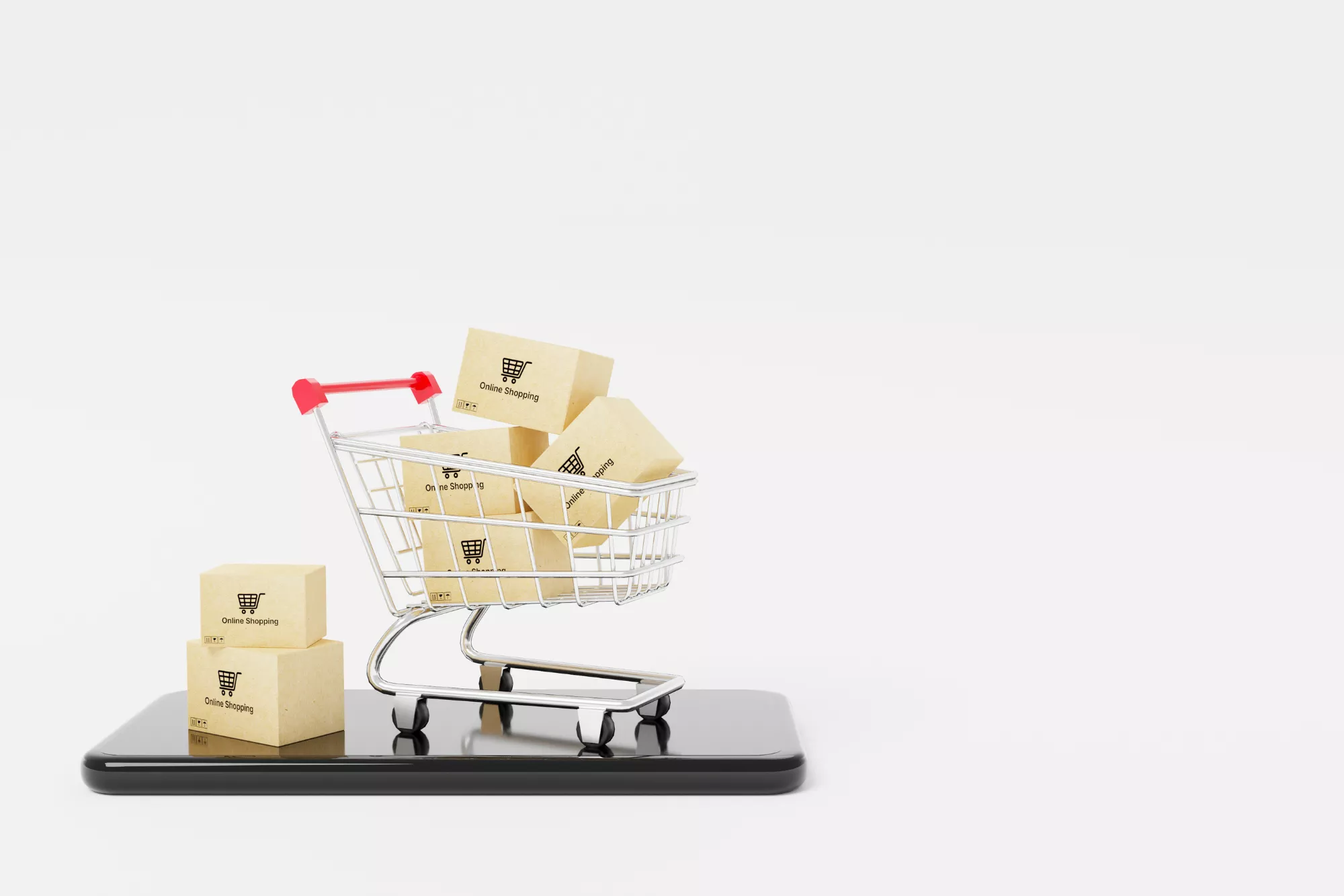 A shopping cart with boxes in it to represent authorize.net fees from online shopping.