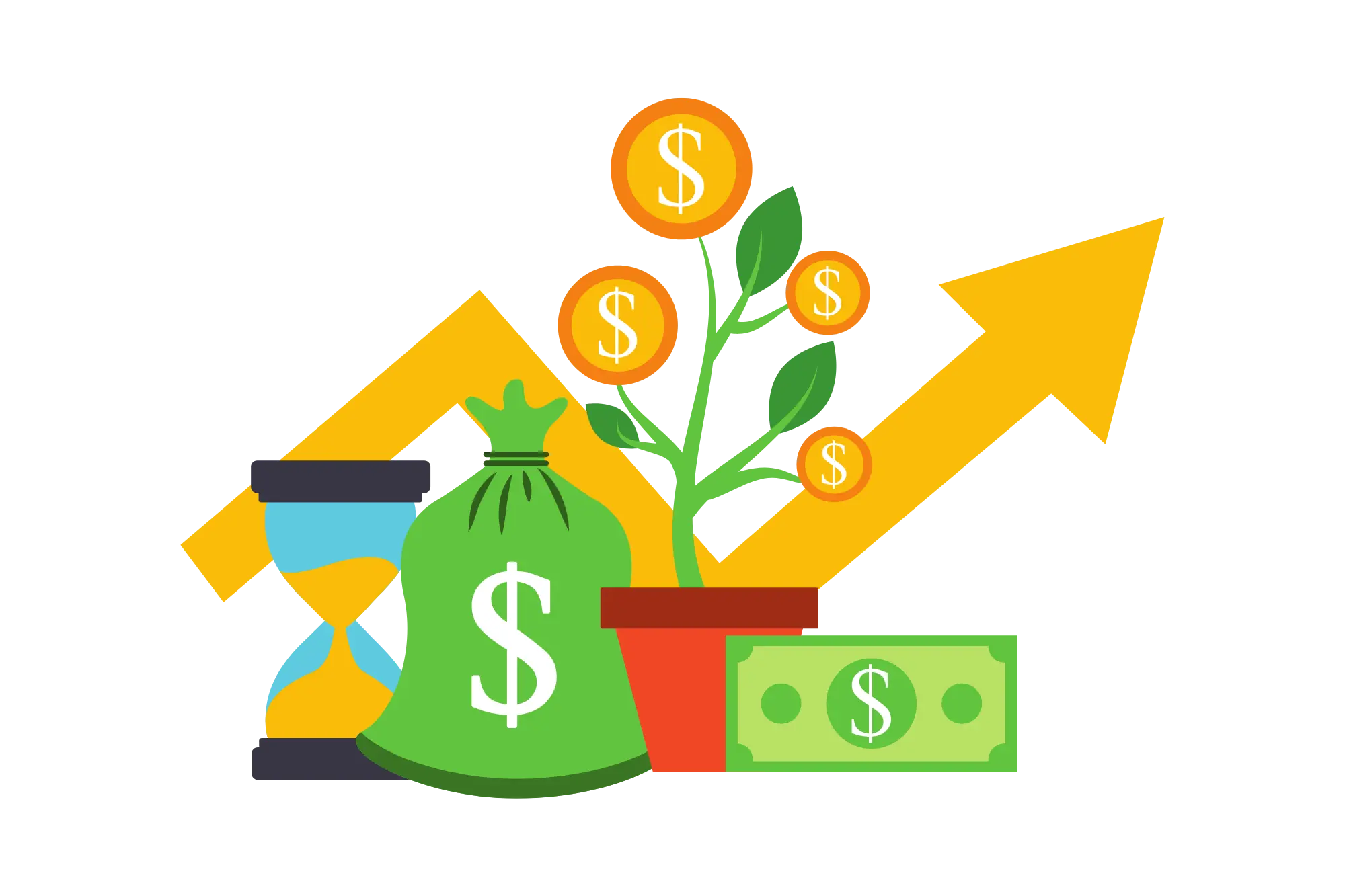 An hourglass, bag of money, money plant, dollar bill, and arrow increasing to show business funding after a paypal business loan.