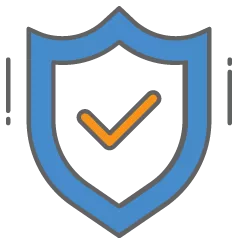 An orange checkmark inside a light blue shield. 