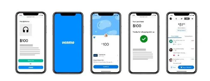 Several mobile devices showing the Venmo platform for those wondering how to set up Venmo for business integrations