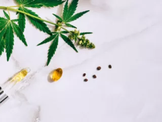 Hemp leaves and CBD products being sold at a business obtaining a CBD license.