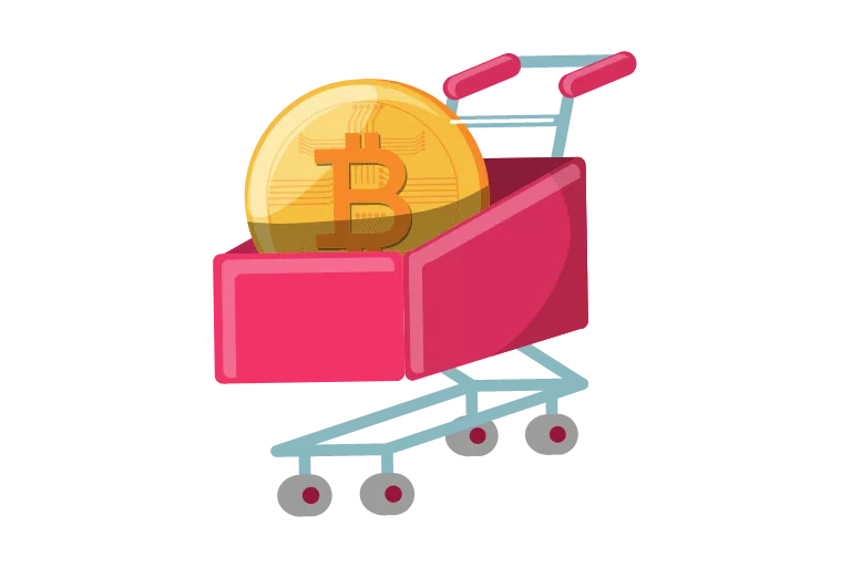 Accepting bitcoin in a pink shopping cart.
