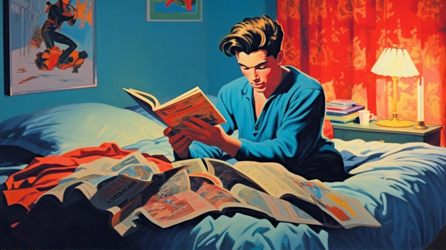 adult man in his bedroom reading magazines that are strewn across his bed