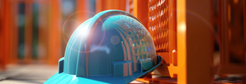 blue hardhat on a job site leaning up against orange construction fencing