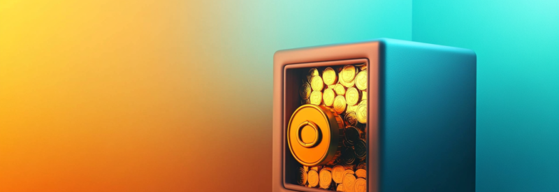 A secure safe filled with glowing gold coins, placed in a corner with a gradient background transitioning from warm orange to cool blue, symbolizing digital security and financial protection.