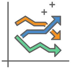 A graph with blue, orange, and green arrows moving in multiple directions. 