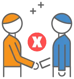 Two people shaking hands with an x-mark in between them.
