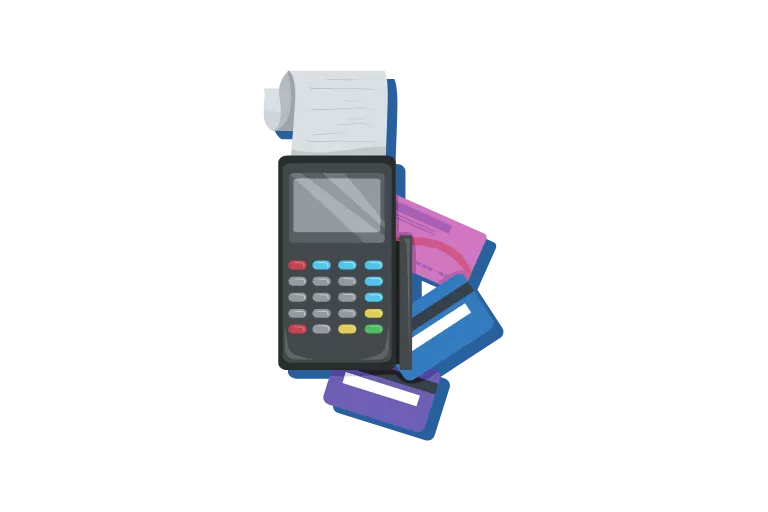 A credit card terminal accepting a payment from a customer that read a product description.