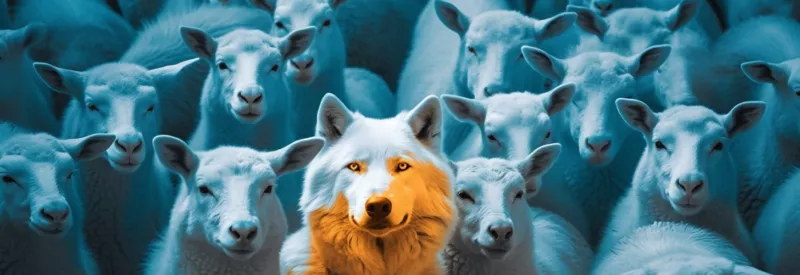 dangerous wolf among a herd of sheep blending into the crowd