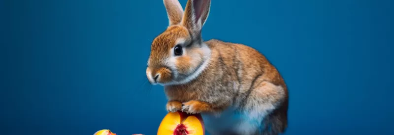 small rabbit leaning on a peach that is cut in half exposing the core with a peach slice sitting beside it