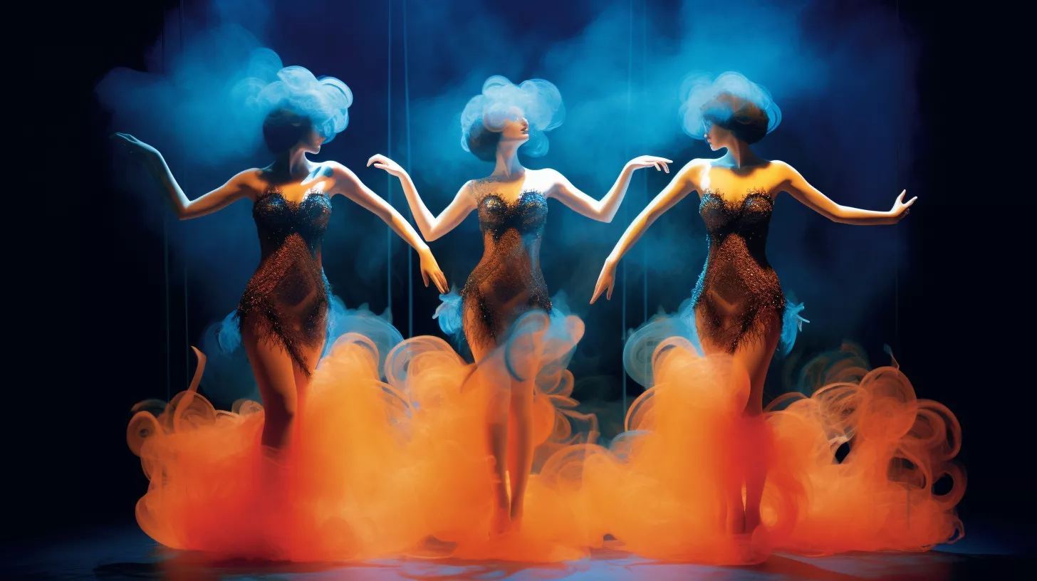 three burlesque style dancers on stage with smoke swirling around them as they dance sensually