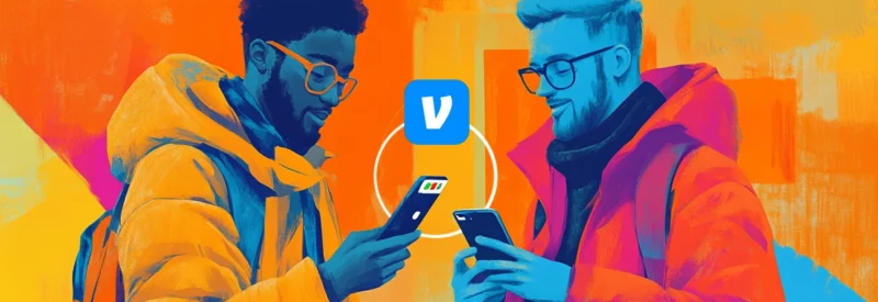 Two individuals in vibrant orange and blue tones using their smartphones with the Venmo logo displayed between them, symbolizing peer-to-peer transactions