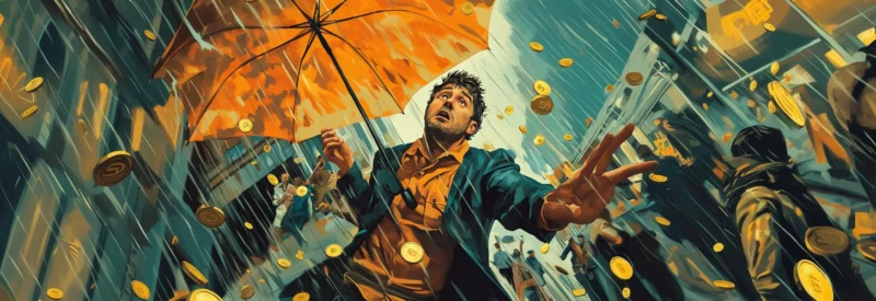 Illustration of a man holding an orange umbrella under a storm of golden coins in a busy urban setting