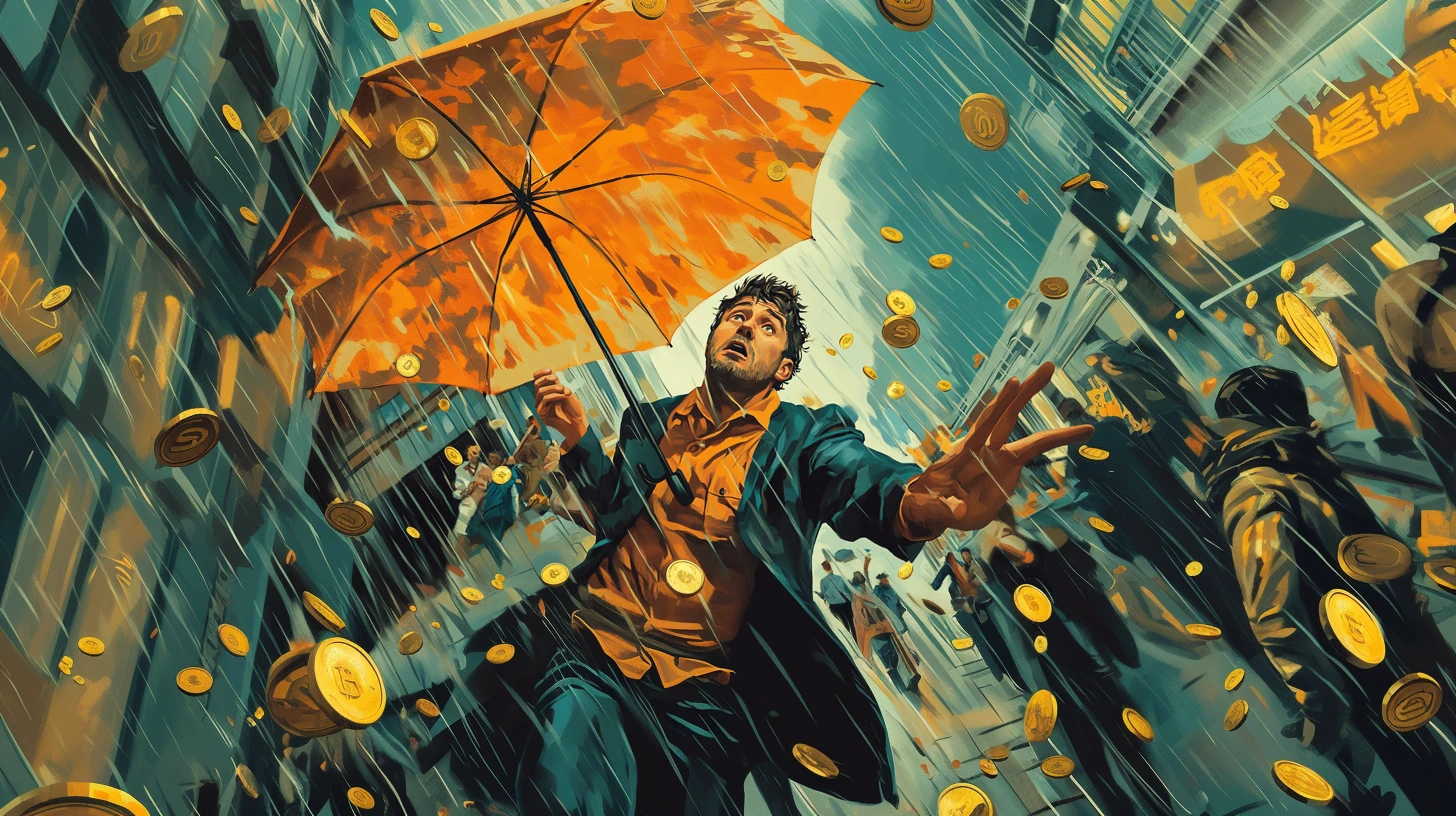 Illustration of a man holding an orange umbrella under a storm of golden coins in a busy urban setting