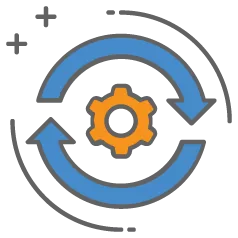 An orange gear circled by two blue arrows. 